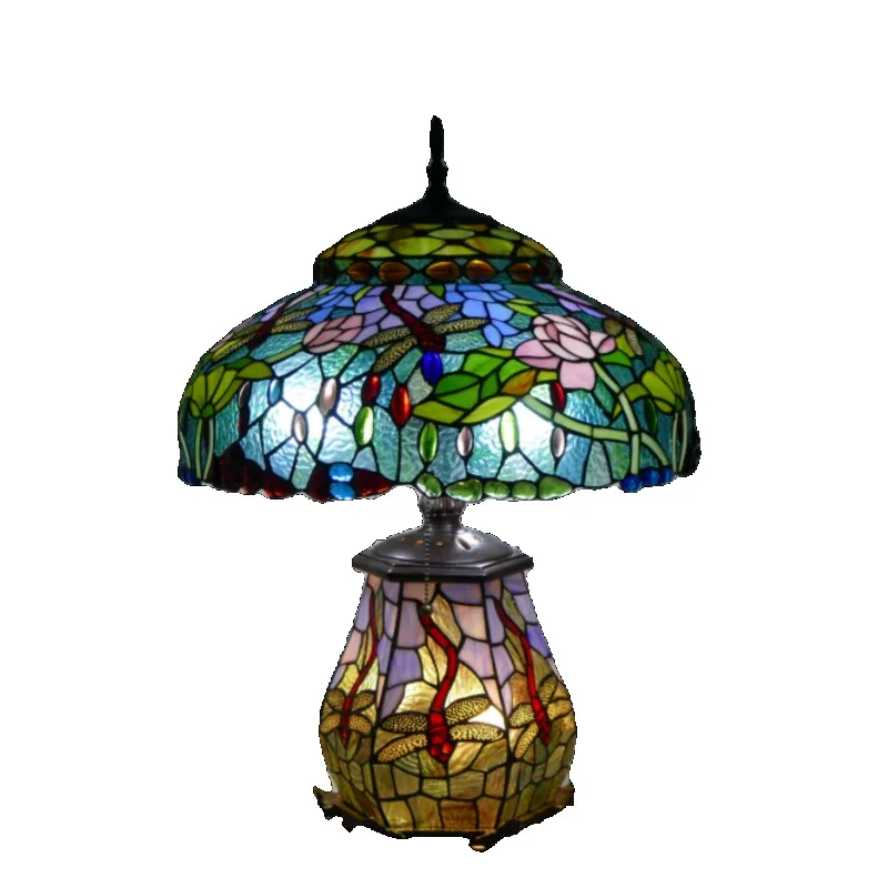 

Retro large table lamp Tiffany bohemian style stained glass lampshade living room study led eye protection lamp