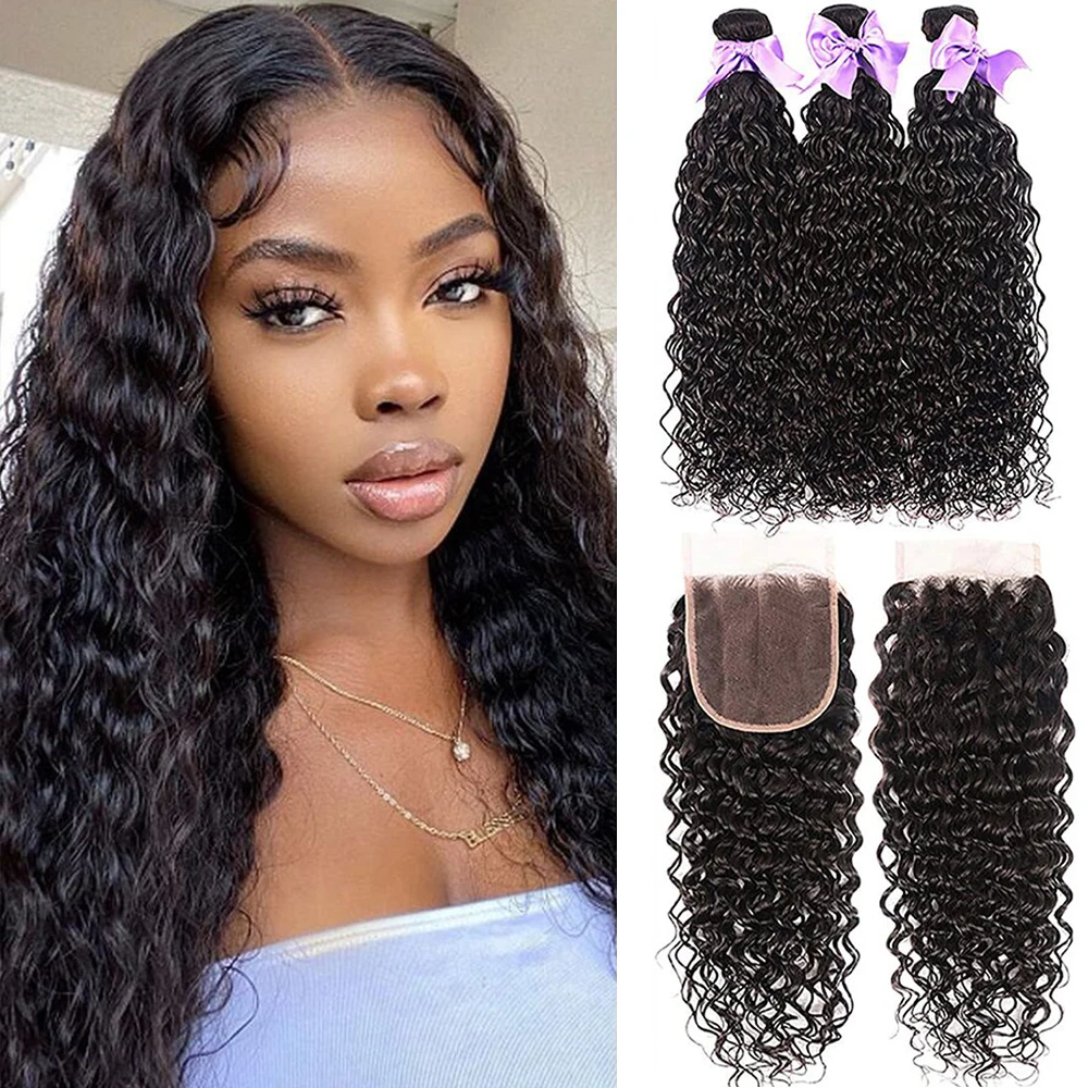 

Sapphire Peruvian Water Wave Bundles With Closure 8-18Inch Wet Wave Hair Extension Remy Human Hair Bundles With 4X4 Lace Closure