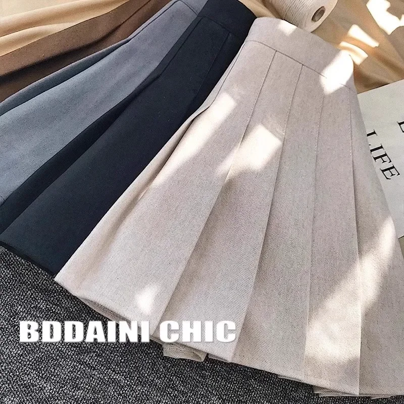 Gonna scozzese di lana ispessita a vita alta per le donne Autunno Inverno Minigonna a linea A Stile college JK Uniforme plus Size Gonna corta