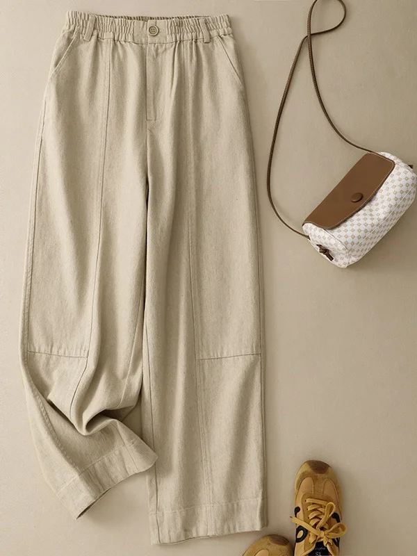 

Summer 2026 New Wide Leg Cotton Linen Casual Pants Loose Straight Tube Women's plus Size Color Splicing Elastic Waist