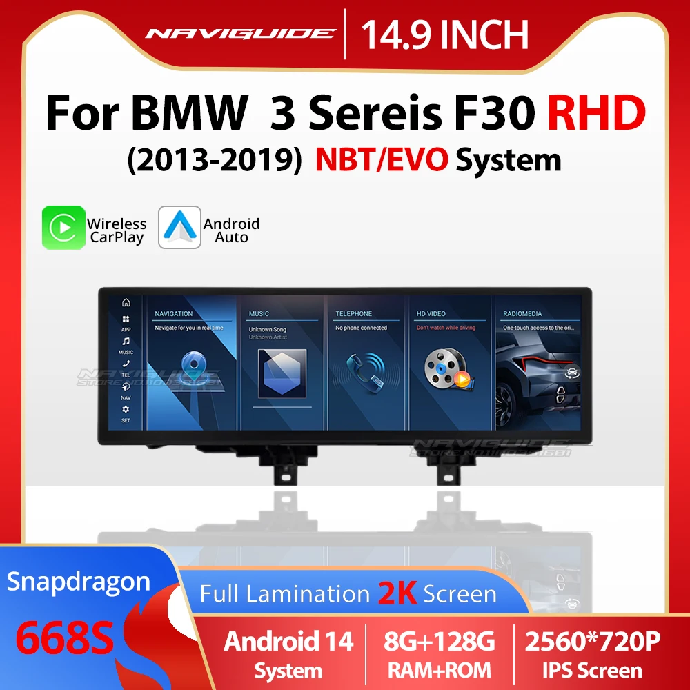 

NAVIGUIDE 14.9'' Android14 For BMW 3 Series F30 LHD RHD 2013-2019 NBT EVO Wireless CarPlay Auto Car GPS Navi Multimedia Player