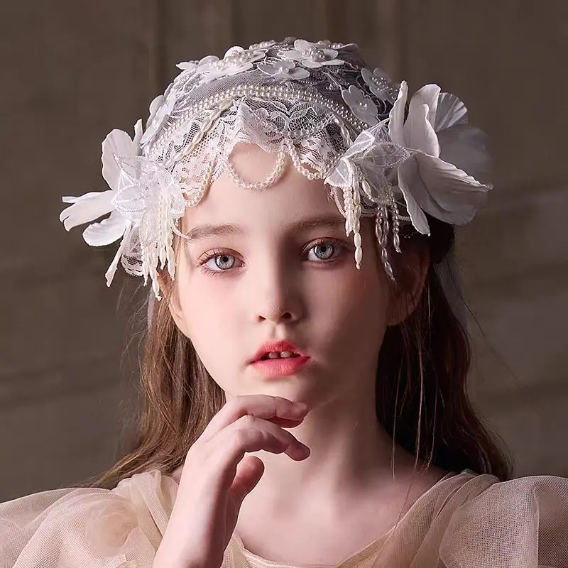 Jill Wish W023 Children's Headdress French Lace Hair Accessories High-end Pearl Flower Hat Wedding Dress