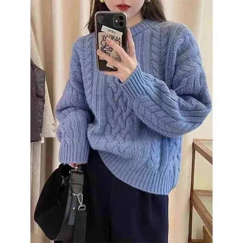 

Coarse Knit Loose Fit Idle Style Top Bluecable Knit Pullover Sweater Women's Early Autumn Versatile Design Sensibility Niche