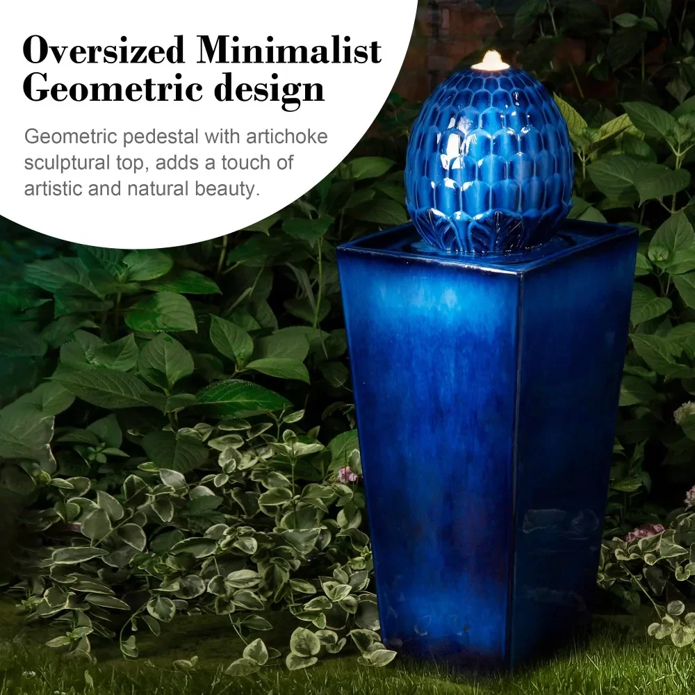 Ceramic Outdoor Water Fountain with LED Light & Submersible Pump, Fountain Waterfall for Garden, Patio, Deck, Porch