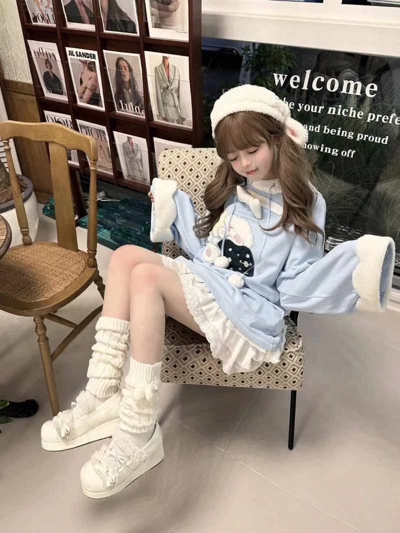 Subculture Y2k Millennial Japanese Two-dimensional Yuan Ears Hooded Embroidered Water Color Sweater Women's Loose Velvet Top