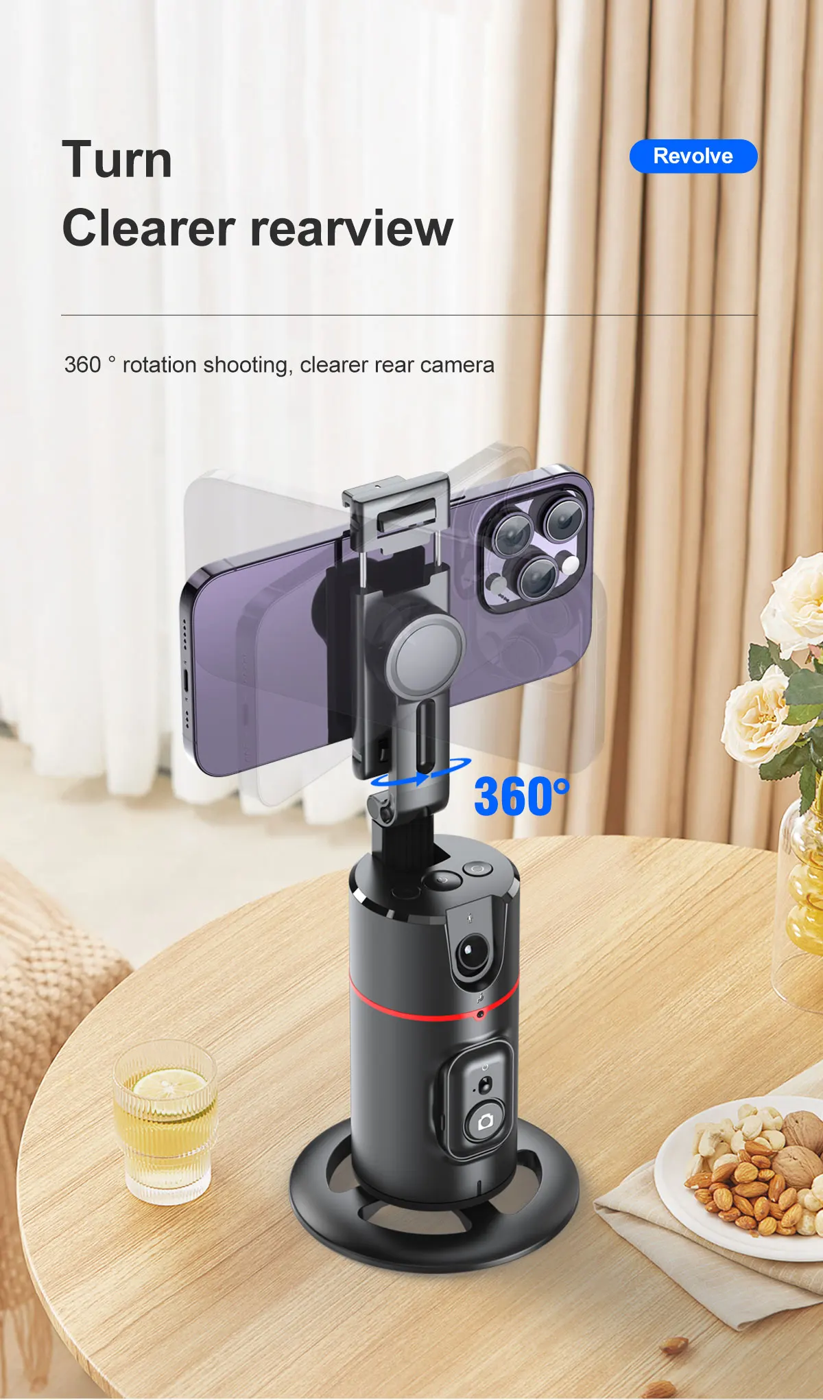 2023 New Intelligent Gimbal Follow-up Camera Pan and Tilt Stabilizer with Detachable Phone Clip and Remote Controller