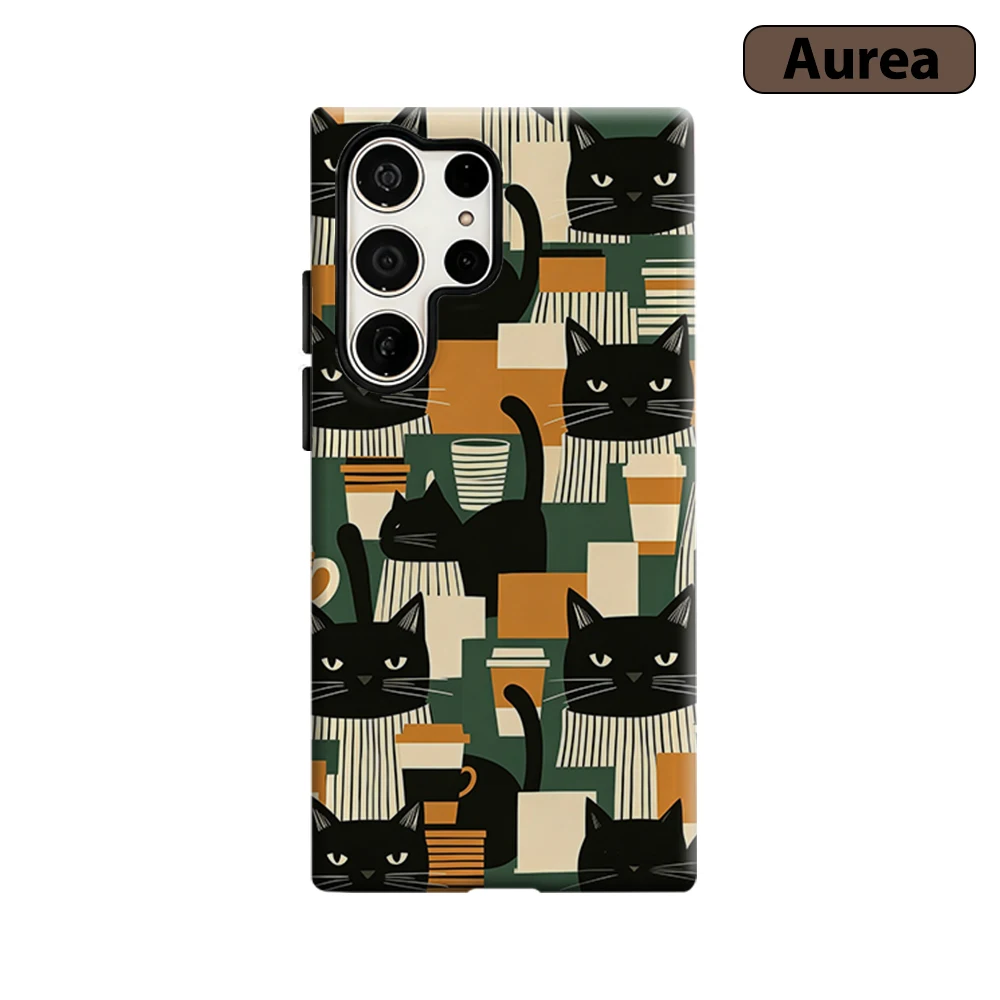 Preppy Coffee Cat Phone Case for Samsung Galaxy S26 S25 Ultra S24 S23 Ultra Plus Shockproof Double layer tough Back Cover