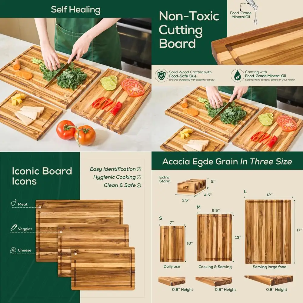 

Acacia Wood 3-Piece Cutting Board Set, Pre-Oiled with Juice Groove, Ideal Christmas Gift for Meat and Veggie Prep