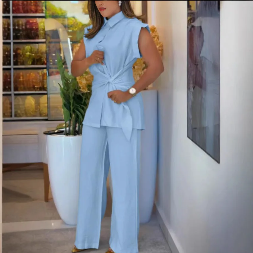 

Women Summer Casual Shirt Set Short Sleeve Button Sashes Shirt & Loose Wide Leg Pants Solid Color