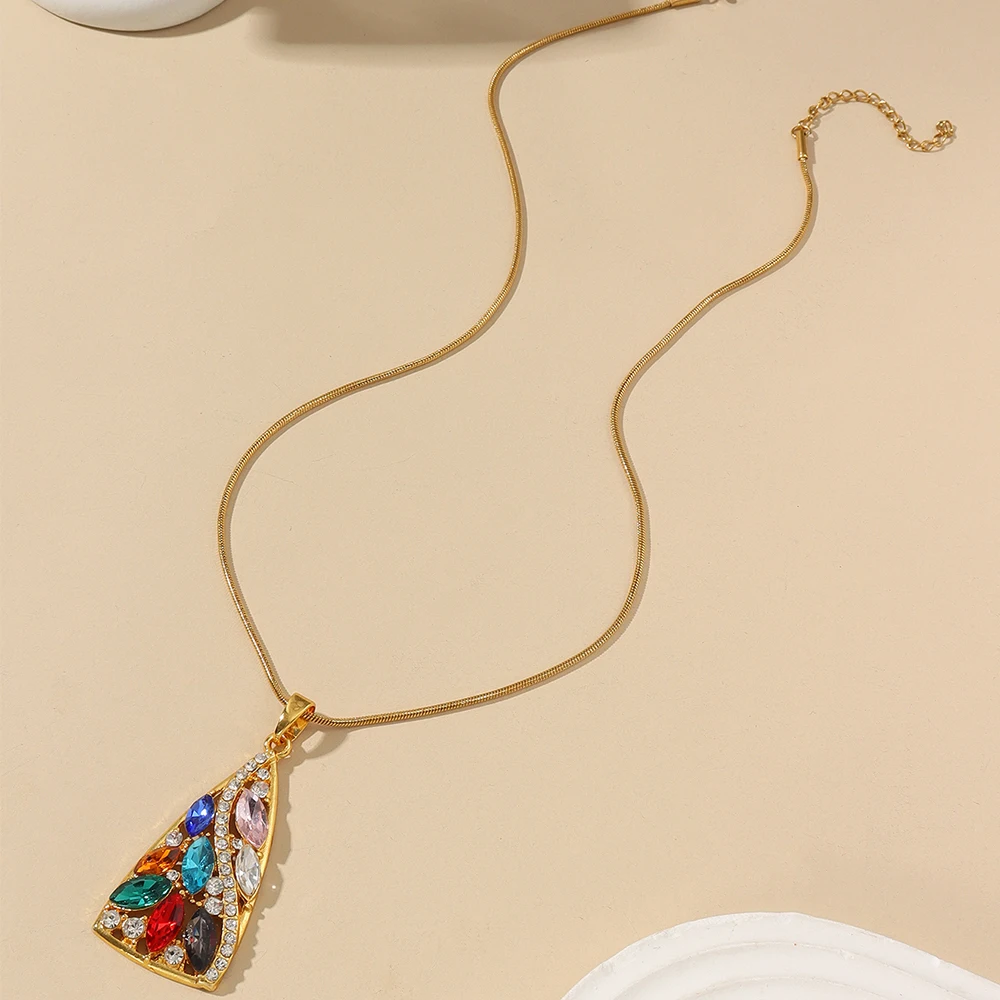 3-piece Set New zircon  pendant necklace + earrings + ring jewelry set  for Women Colored zircon stainless steel golden Set
