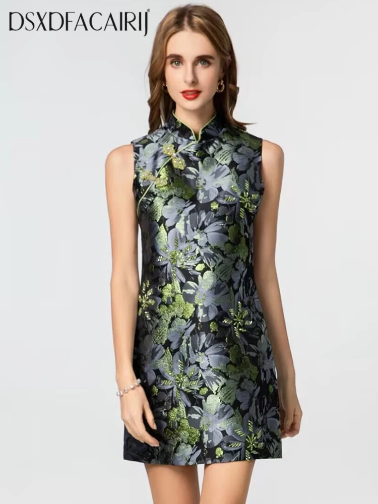 

DSFACAIRIJ Women's Stand Collar Sleeveless Beaded Jacquard Mini Dress Chinese Discoid Button Fashion Summer