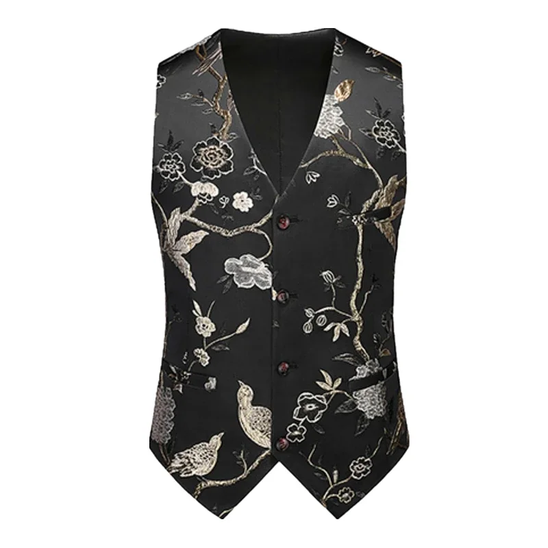 Rose Embroidered Sleeveless Vest Jacket Men\'s Single-breasted V-neck Vests Wedding Party Waistcoat Red Blue Green Gold M-5XL 6XL