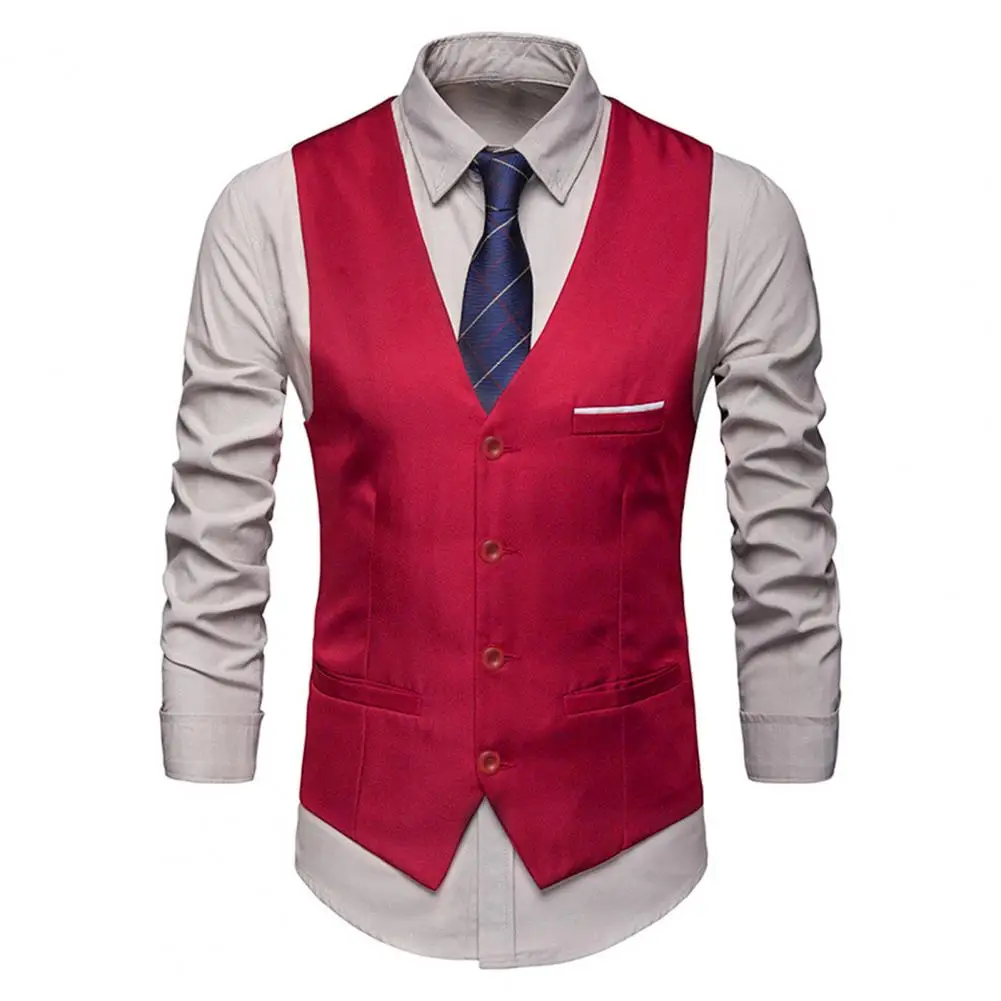 Men Sleeveless V-Neck Waistcoat Business Formal Single Breasted Waistcoat Silk Anti-wrinkle Pockets Groom Wedding Vest Suit Coat