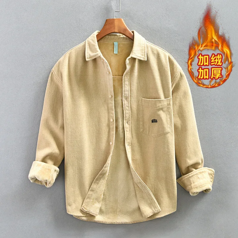 Winter Shirts for Men Japanese Cargo Shirt Men Causal Solid Color Loose Fleece Thick Shirt with Pocket Keep Warm Man Tops Simple