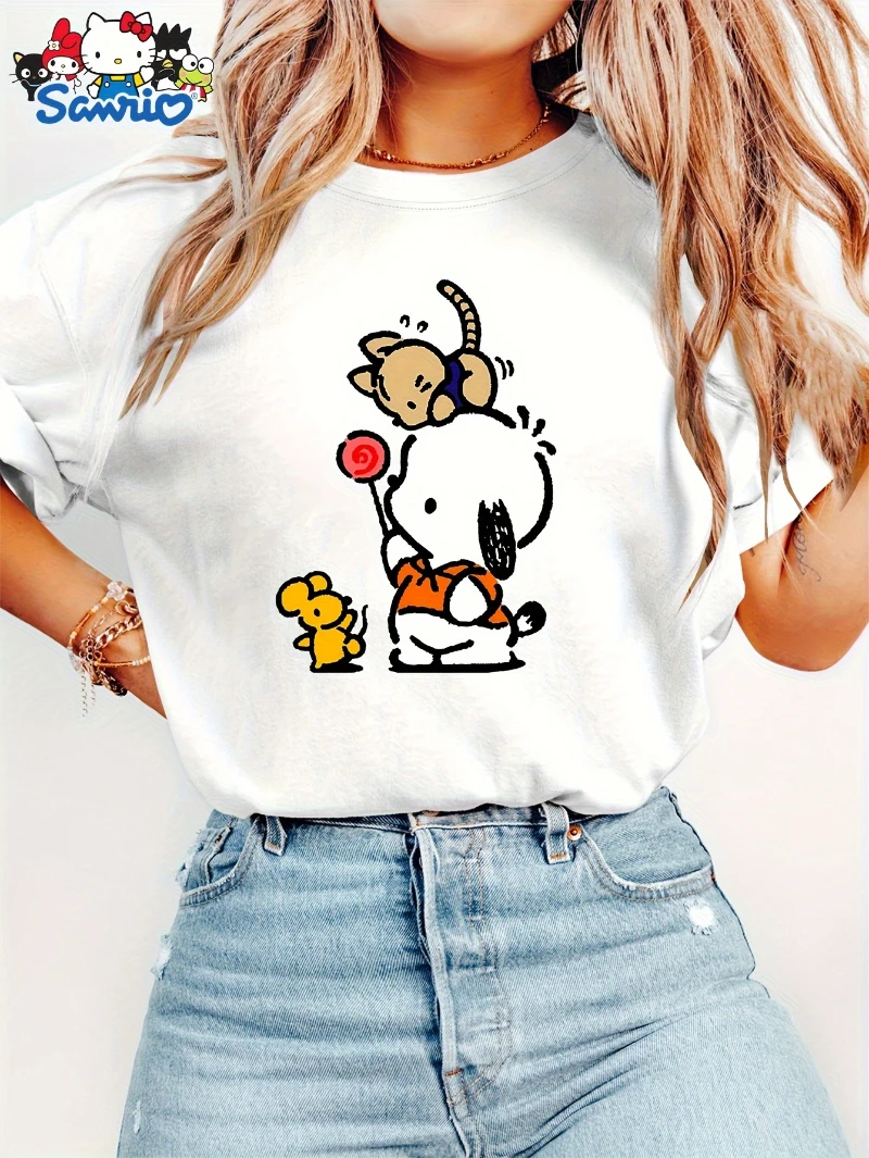 

Sanrio Official Kuromi Women's T-shirt - Cute Kuromi Pattern Printed T-shirt Pure Cotton Soft Round Neck Loose Short Sleeved Top