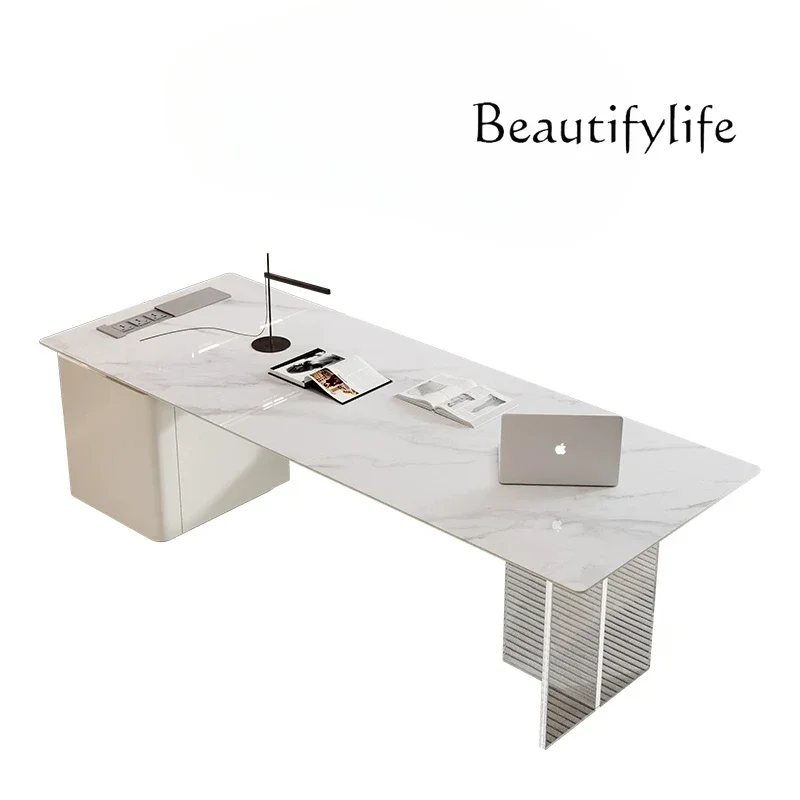 Rock slab light luxury corner large desk suspended retractable writing desk high-end living room Italian computer desk