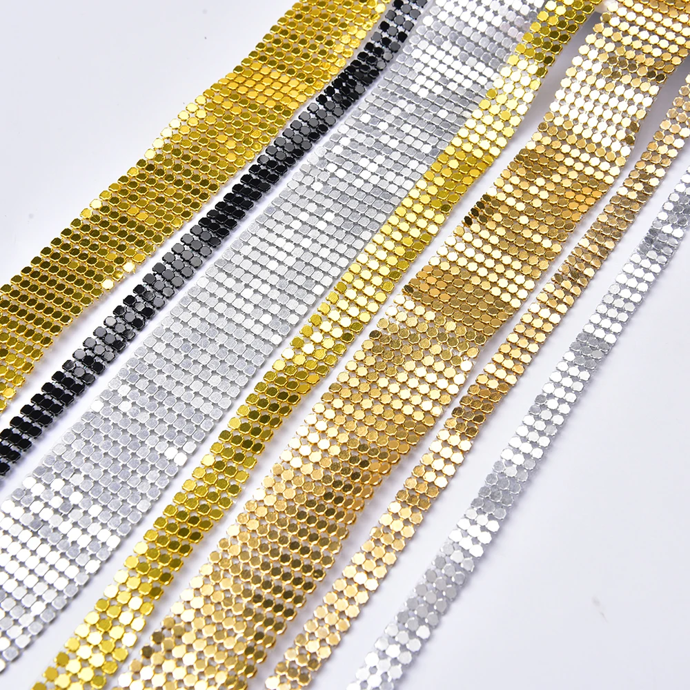 3Mm Aluminum Mesh Fabric Trim Sparkly Metal Sequin Hotfix Ribbon Tape Black Silver Gold Rhinestones Bridal Applique Diy Bags Bra