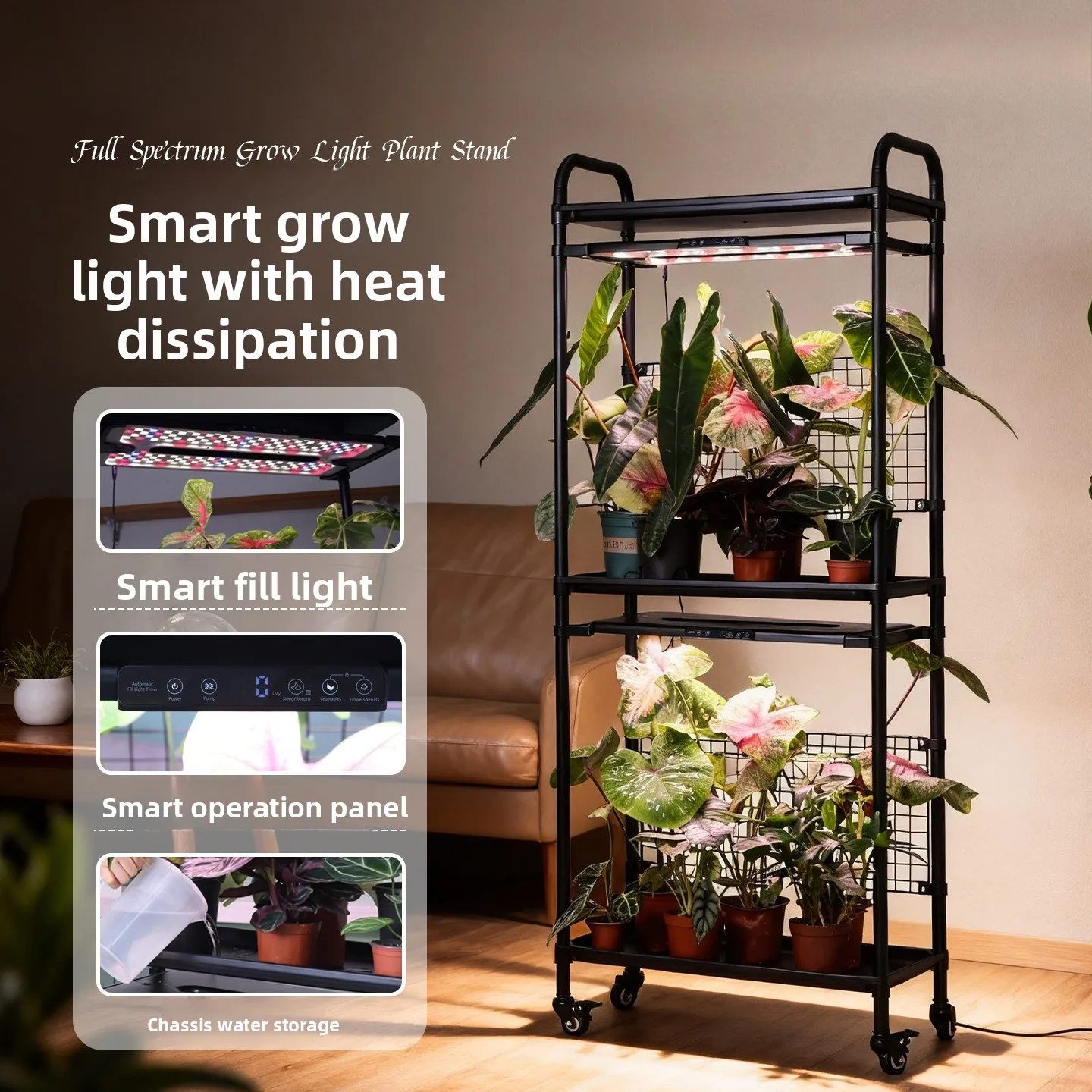 Mobile Plant Stand with Full Spectrum Grow Lights, Indoor Smart Timer Heating Plant Shelf