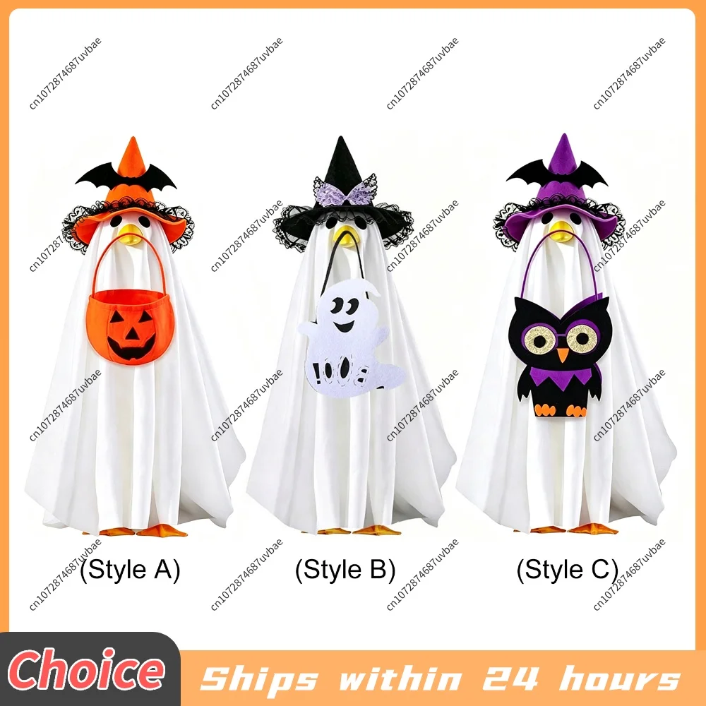 Halloween Ghost Goose Costume Set Wizard Hat Pumpkin Candy Bag Outdoor Yard Spooky Decorative Prop