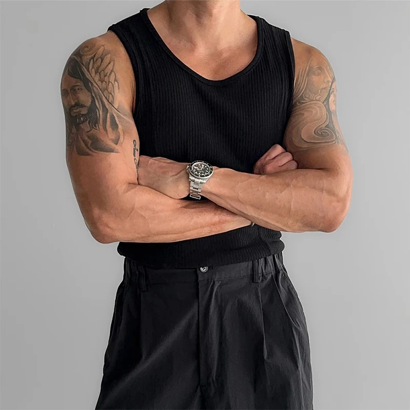 Streetwear Mens Casual Simple Pure Color Vest 2024 Summer Leisure Breathable Slim Elastic Ribbed Camisole Men Vintage Tank Tops