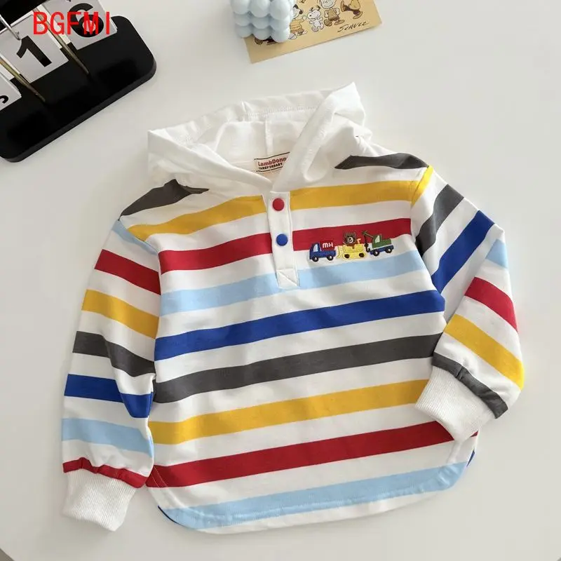 Japanische Kinderkleidung für Frühling und Herbst, für Jungen und Mädchen, Baumwolle, Cartoon-Kapuzenpullover, bunt gestreift, für Kinder