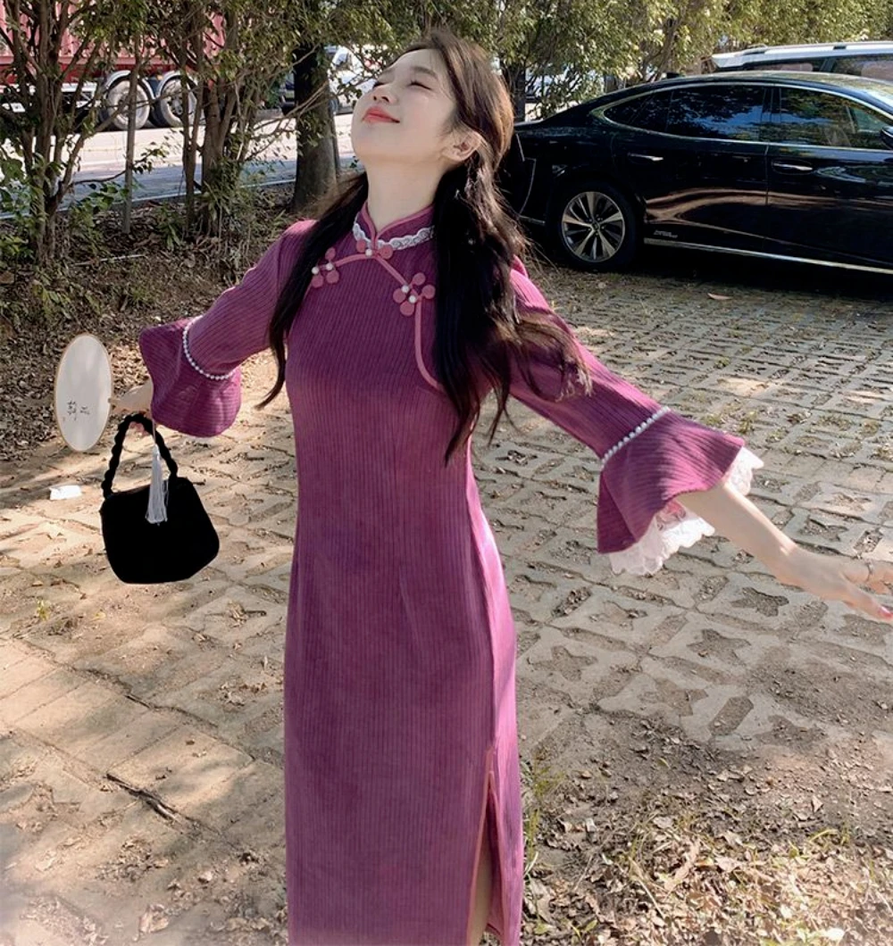 

Purple Women Improved Cheongsam Corduroy French Warm Party Wear Chinese Vintage Long Qipao Trumpet Sleeves Dress Modern 2023