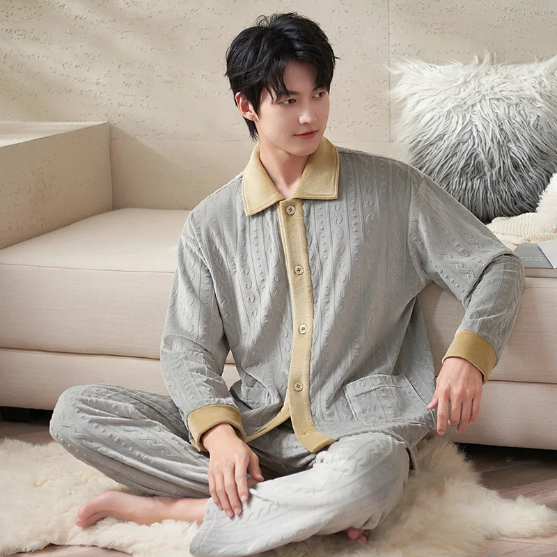 

Winter Thick Island Fleece Men's Pajamas Long Sleeve Sleepwear Cardigan Pyjamas Men Coral Velvet Lounge Pajama Sets Warm Pijamas