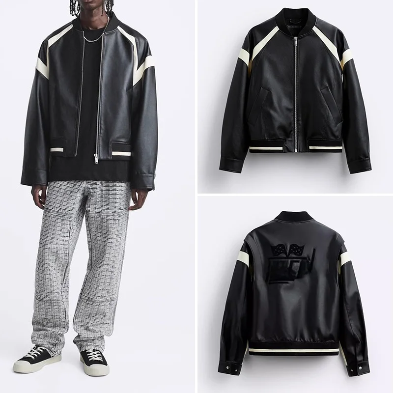 

Z Men's ort Casual Contrast Color Leather Pilot Jaet Autumn New Sle 375300 Youth Faion Long Sve Stand Fit