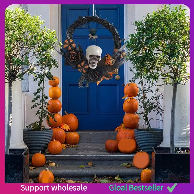 

A38M Halloween Wreath Artificial Skull Wreath With Pumpkin Rose Ribbon Front Door Decorations