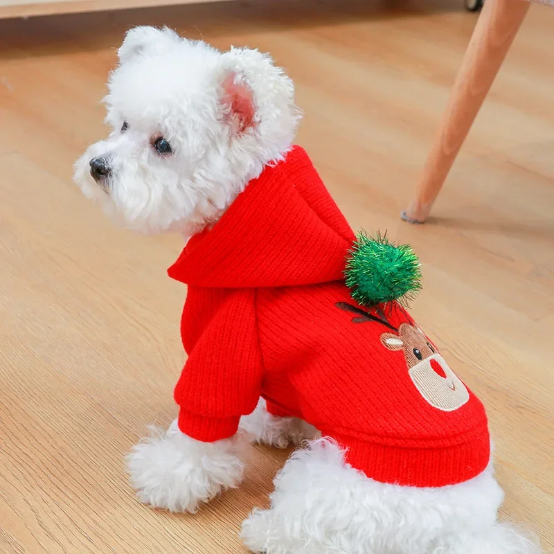 Pet Christmas Dress Sweater Clothes Autumn and Winter Warm Christmas Japanese New Year Christmas Elk Couple Dress Skirt Hoodie