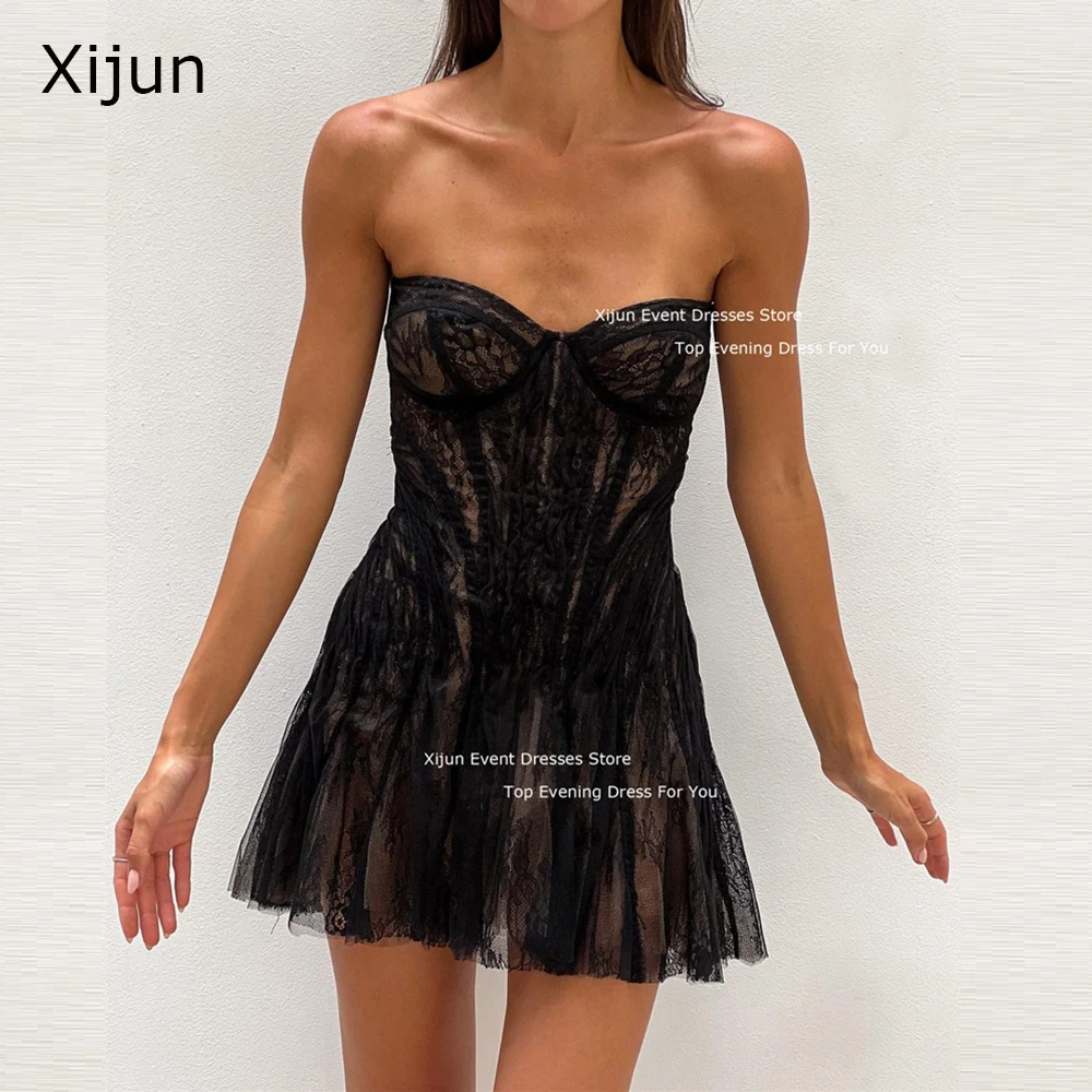 Xijun Black Modern Mini Party Dresses 2024 Short Lace Appliques Strapless Sleevele Prom Dresses Robes De Soirée Special Occasion