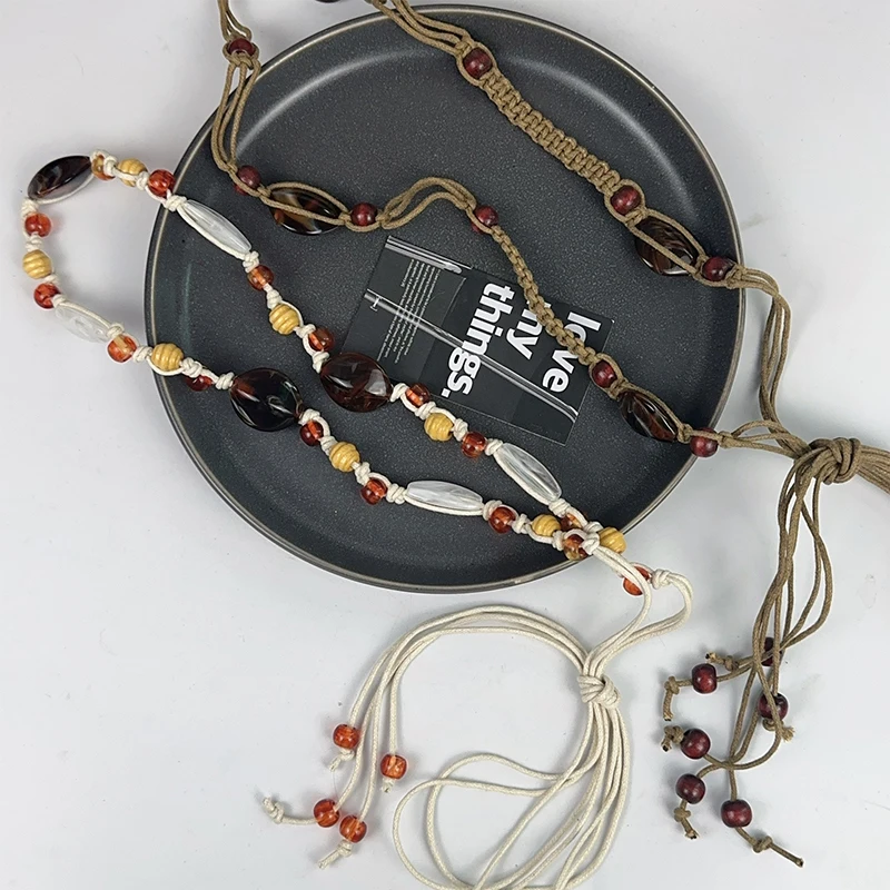 حزام منسوج يدويًا على الطراز العرقي العتيق للنساء، سلسلة خصر مزخرفة، حزام بوهيمي Y2K متعدد الاستخدامات