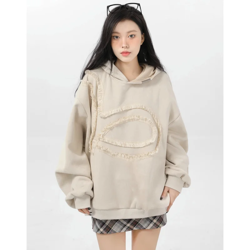 

2024 Spring Women Clothing Korean Fashion Baggy Pure Beige Pullover Sweatshirt Print Raglan Sleeves Long Sleeves Hoodie Tops