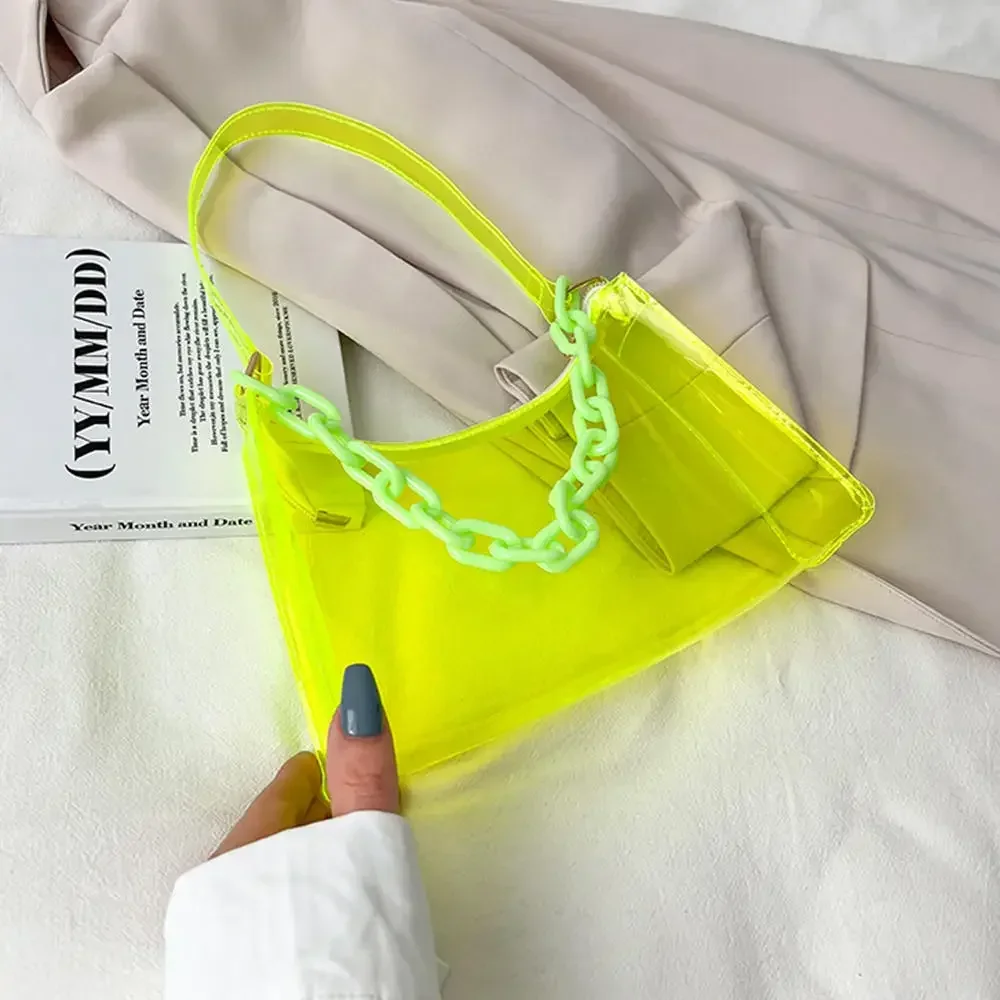 Fashion High Quality Pvc Handbag Transparent Eye-Catching Jelly Bag Zipper Multifunctional Simple Style Women'S Shoulder Bag New