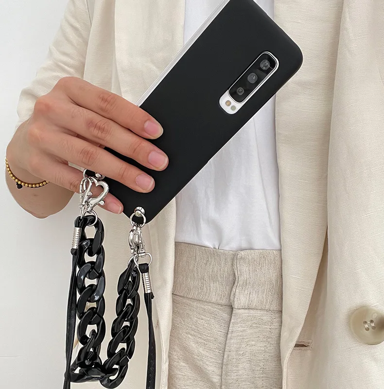 Fashion Black Bracelet Hand Chain Long Strap Crossbody Skin Back Portable Case For Samsung Galaxy Z Fold 3 2 ZFold 6 7 ZFold 5 4