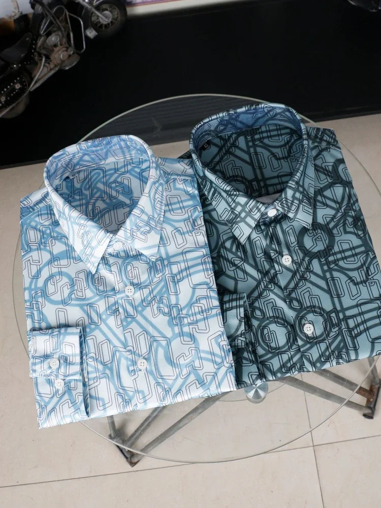 Camisa grande de manga comprida masculina, estampa casual da moda, moda, sem engomar, outono e inverno, nova