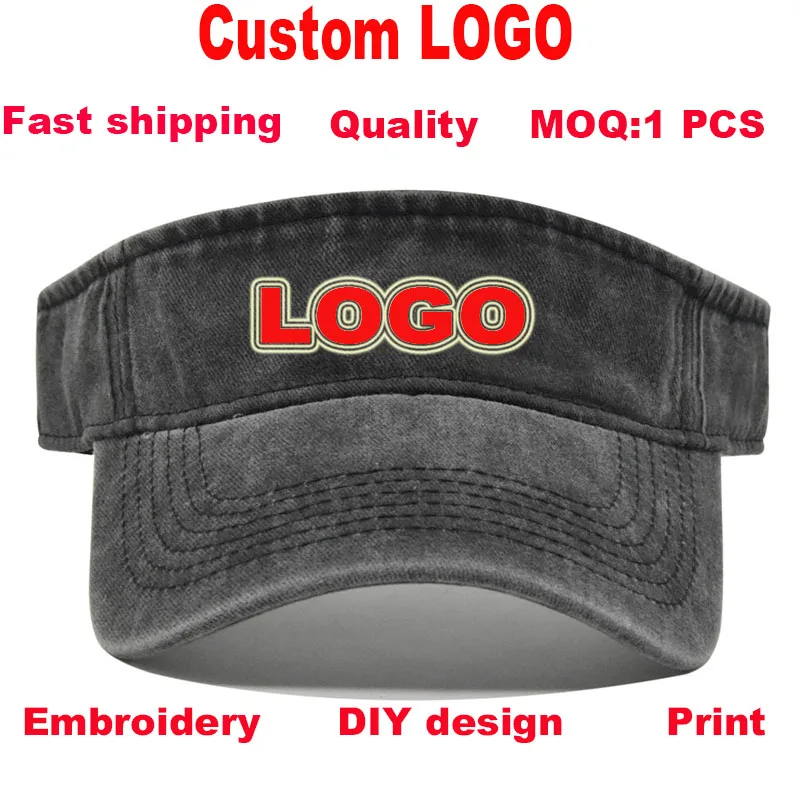 Custom Logo Vintage Washed Sun Visor, 1PC MOQ, Embroidery/Print, Adjustable Cotton Empty Top Hat for Golf Tennis
