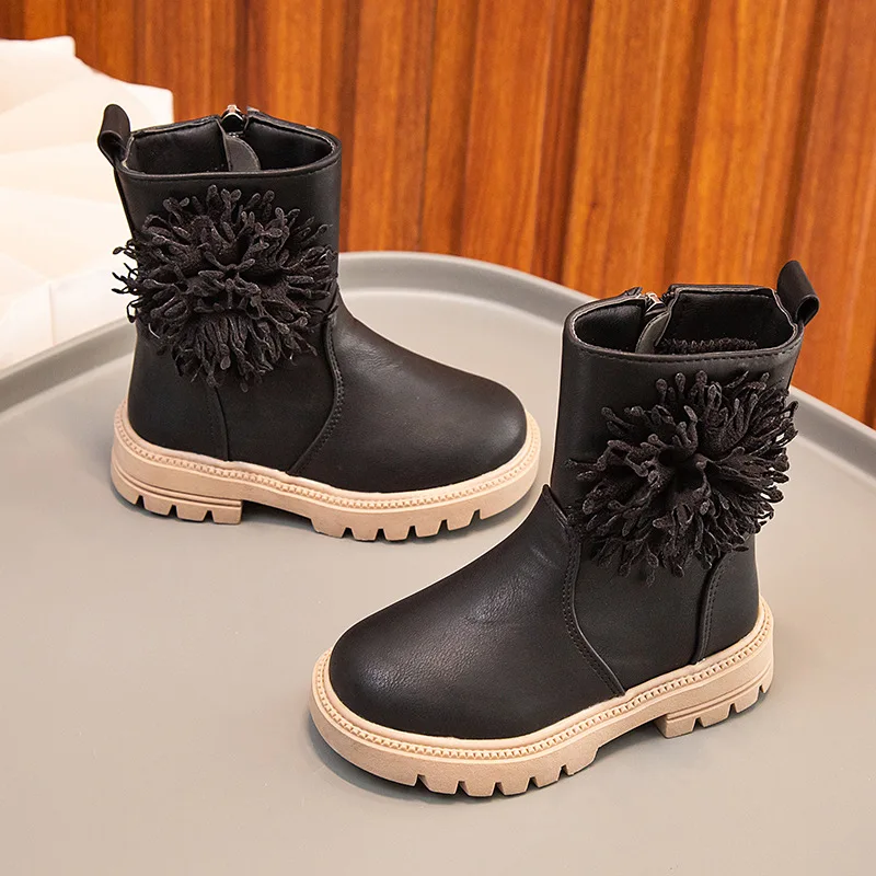 

Girls Autumn Princess Fashion Soft Soled Flower Boots Winter Mid Top Leather Boots Children Antiskid Side Zippers Solid Color