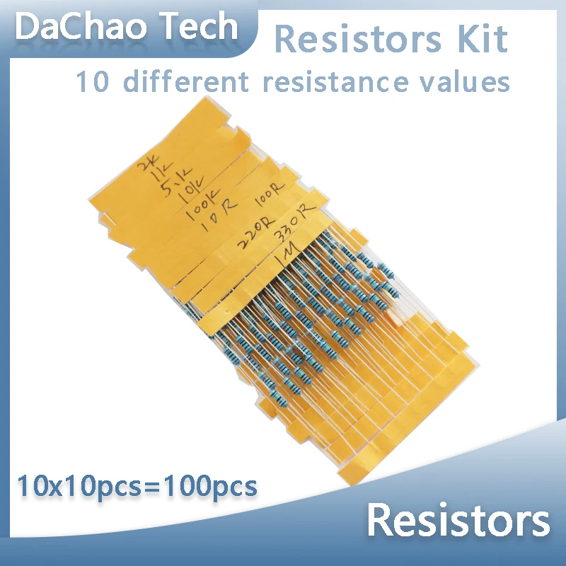 10 Values 1/4W 1% Metal Film Resistors Kit 100Pcs 1/4 Watt W High Precision MF Resistance Set Assortmen