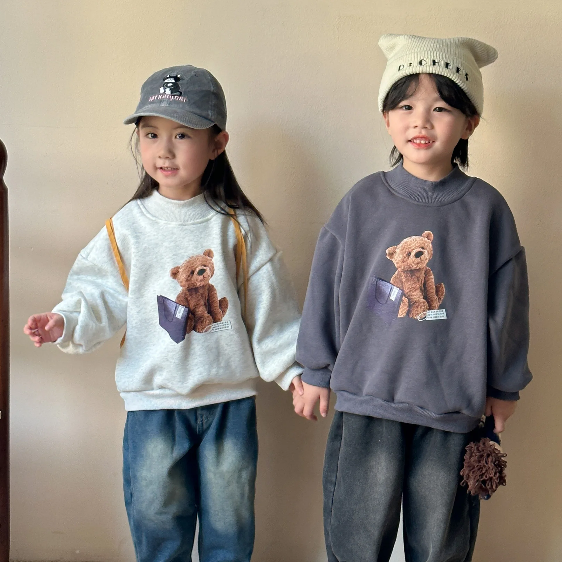 Autumn Winter Korean Kid Boys Sweatshirts Cotton Plus Velvet Cartoon Bear Printed Loose Toddler Boys Hoodies Children Boys Tops