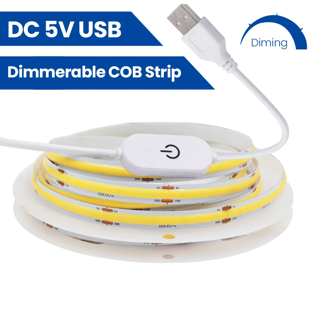 Dimmable LED COB Strip Light 5V USB Flexible COB LED Tape 320Leds High Density Linear Light White/Warm/Natural/Blue/Green/Red