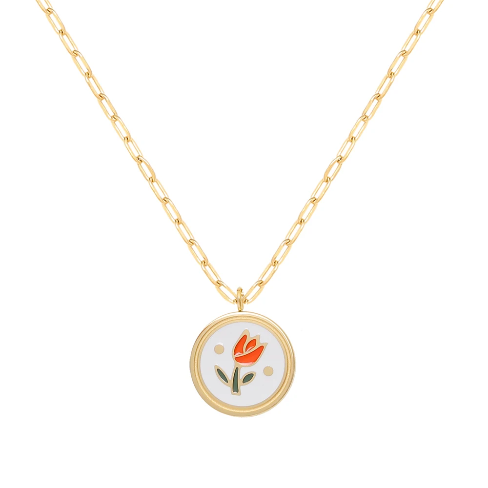 French Romantic Tulip Flowers Drip Oil Pendant Necklace Stainless Steel 18k Pvd Gold Color Waterproof Jewelry Women Mother Gift