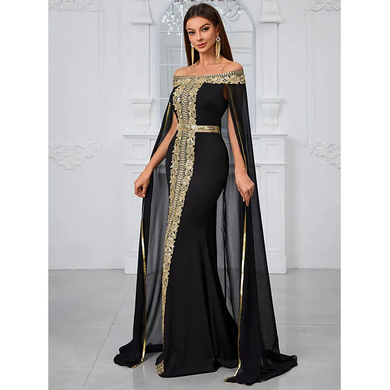 Abaya dubai luxury ramadan 2024 Muslim Women Off shoulder Sequined Black Chiffon Evening Party Cocktail Prom Long Maxi dresses