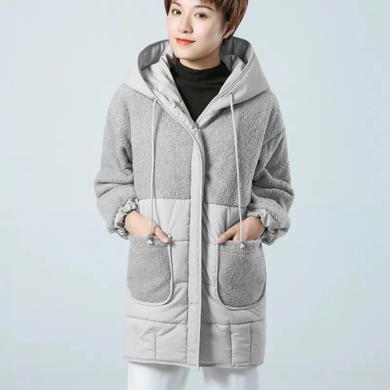 

Cotton-Padded Jacket Women's Winter Lamb Wool Coat Thickened Loose Casual Pockets Zippers Hooded Long Parkas Outerwear Coats New