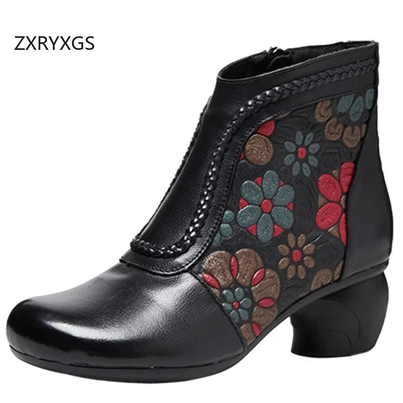 ZXRYXGS Premium Cowhide Embossing Flowers Women Fashionable Boots Banquet Wedding Shoes 2025 Autumn Winter Thick Mid Heel Boots