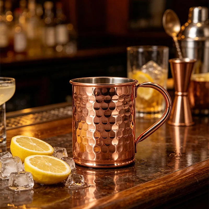 Tazas Moscow Mule de 400 ml con Asa, Tazas Moscow Mule de Acero Inoxidable 304, Tazas de Cobre Martillado para Cócteles, Cerveza y Vino