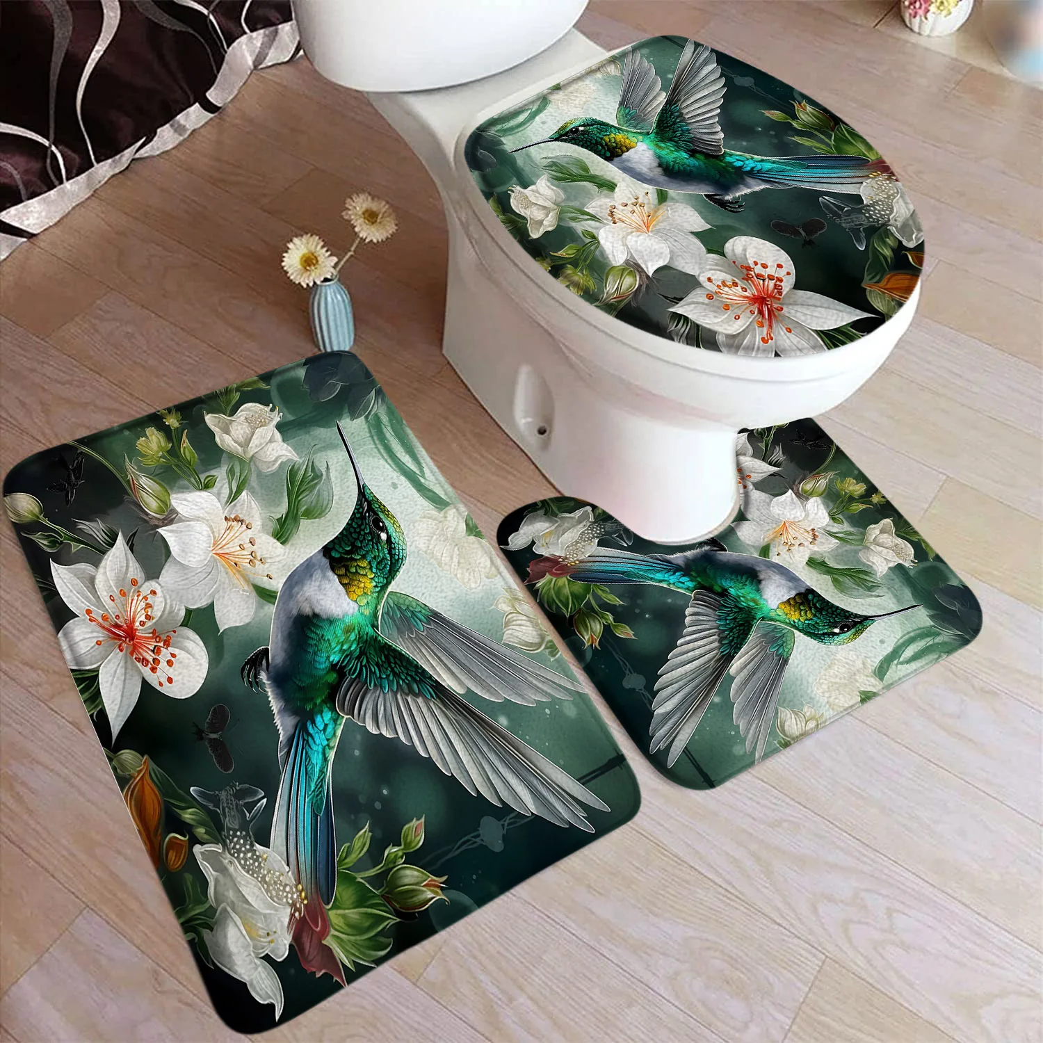 Green Hummingbird Bath Mat Set White Flowers Plant Butterfly Birds Rustic Scenery Home Carpet Bathroom Decor Rugs Toilet Cover