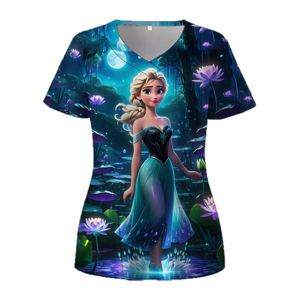 Disney Princess Women Uniform Print Frozen Elsa Snow White Short Sleeve V-neck Tops Femme Blouse Nurse workMedical Uniforms