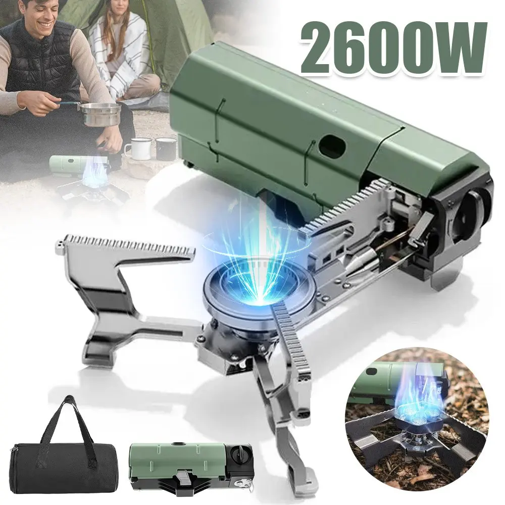 Réchaud à gaz portable pliable 2600W pour camping, randonnée, barbecue, cuisson en extérieur, avec sac de rangement.