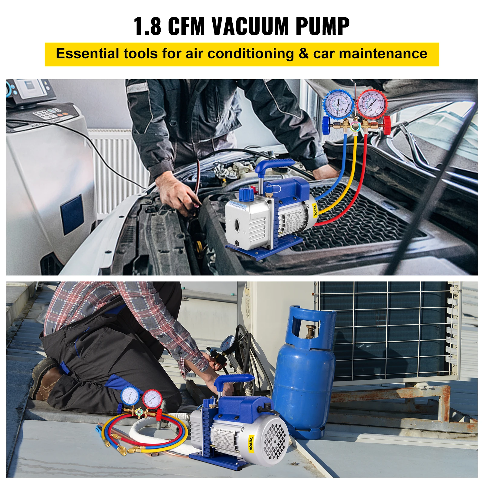 VEVOR 1.8-4.8CFM Refrigerant Vacuum Pump Kits HVAC Refrigeration 1/3 1/4 HP with Manifold Gauge for Household Air Conditioning